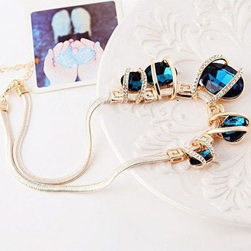 Women Fashion Shiny Pendant Chain Choker Short Statement Bib Blue Necklace Image 2