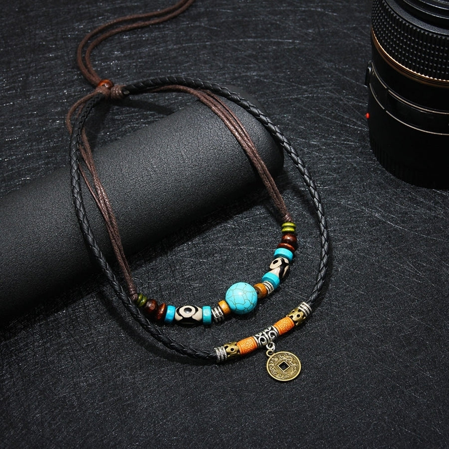 Men Multilayer Faux Turquoise Bead Coin Pendant Choker Necklace Jewelry Gift Image 1