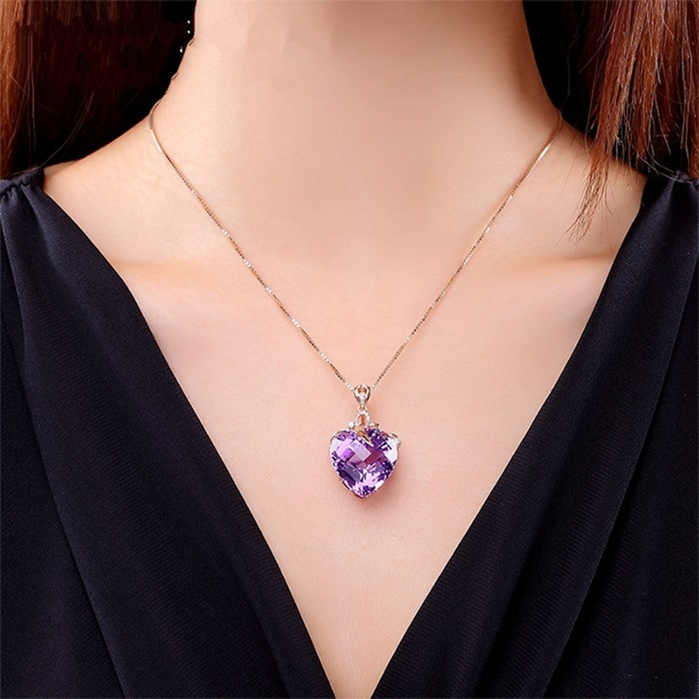 Women Heart Shape Faux Amethyst Pendant Chain Necklace Wedding Jewelry Gift Image 2