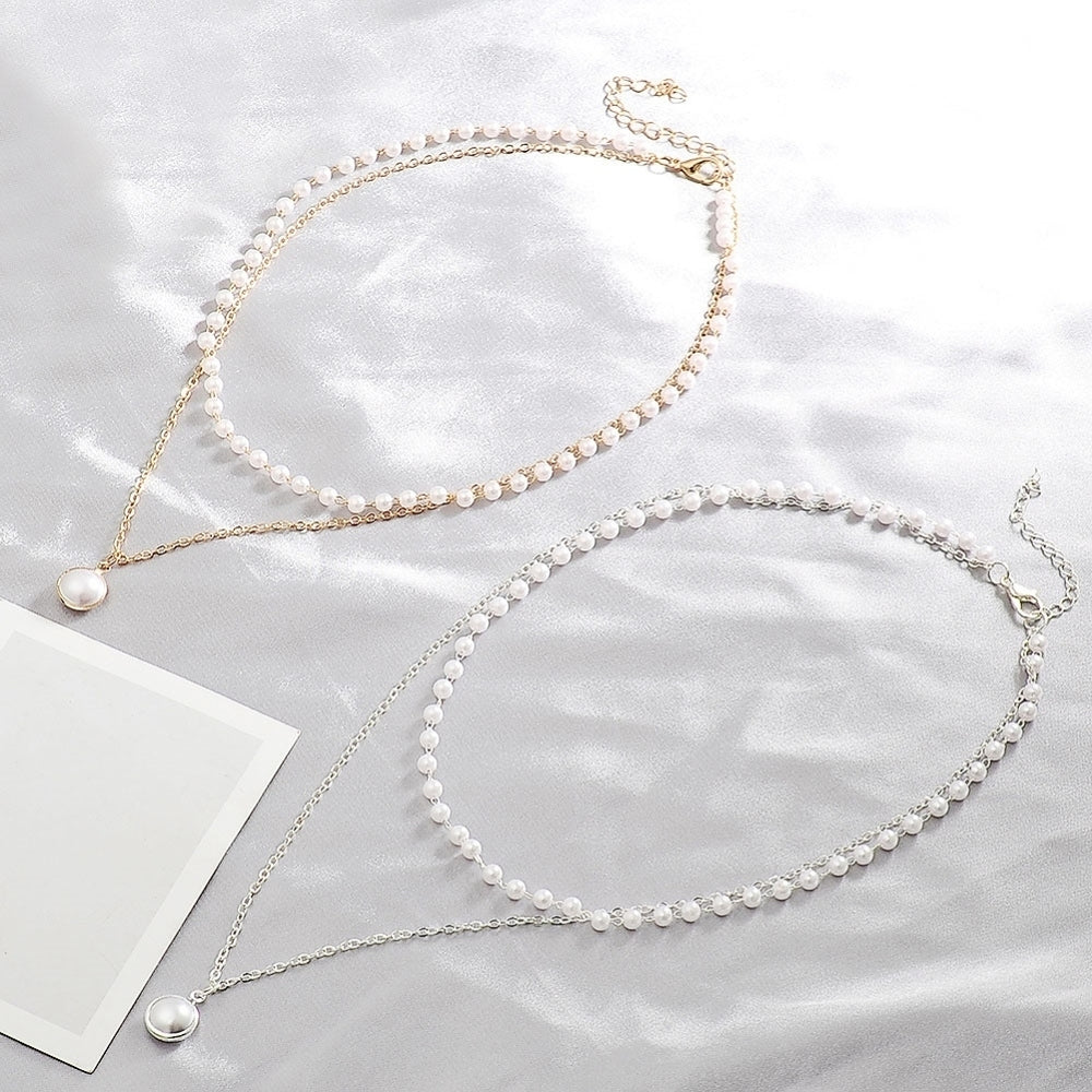 Simple Style Double-Layer Faux Pearl Pendant Necklace Clavicle Chain Jewelry Image 2