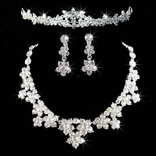 Luxury Bridal Jewelry Shiny Rhinestone Cute Flower Crown Necklace Earrings Set Image 1