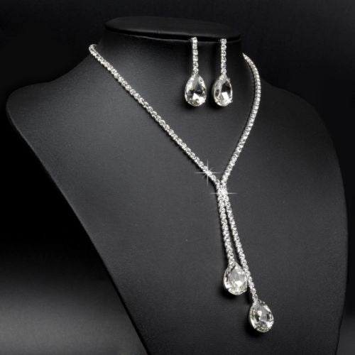 Bridal Wedding Party Rhinestone Waterdrop Pendant Necklace Earrings Jewelry Set Image 2