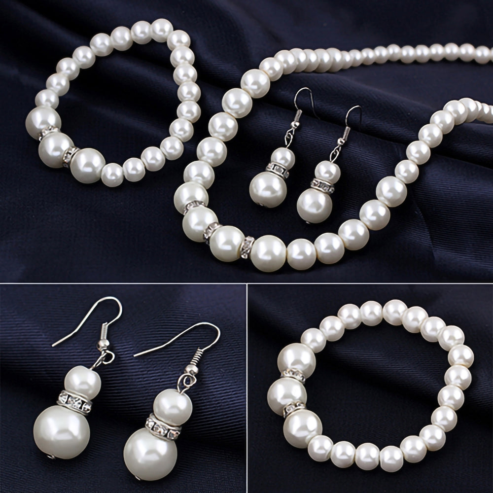 Women Faux Pearls Alloy Necklace Bracelet Earrings Wedding Bridal Jewelry Set Image 2