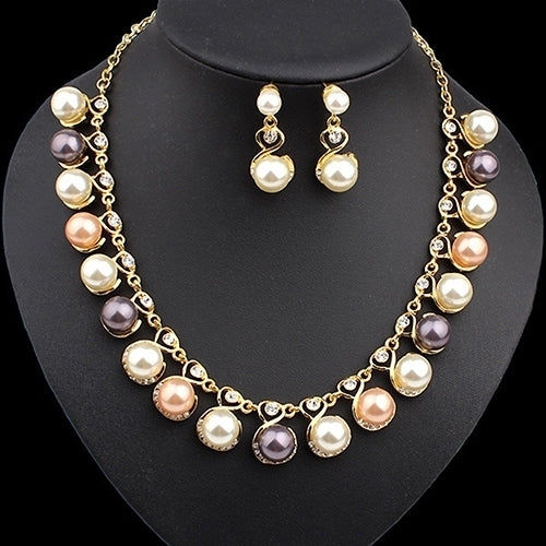 Women Faux Pearls Rhinestone Chain Necklace Earrings Wedding Bride Jewelry Set Image 1