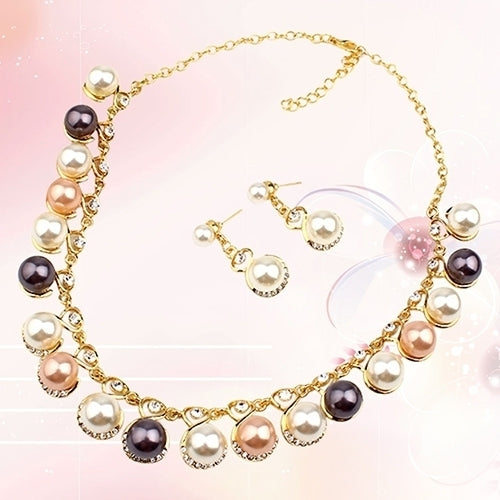 Women Faux Pearls Rhinestone Chain Necklace Earrings Wedding Bride Jewelry Set Image 2
