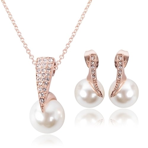 Women Luxury Shiny Rhinestone Faux Pearl Pendant Necklace Stud Earrings Jewelry Set Image 1
