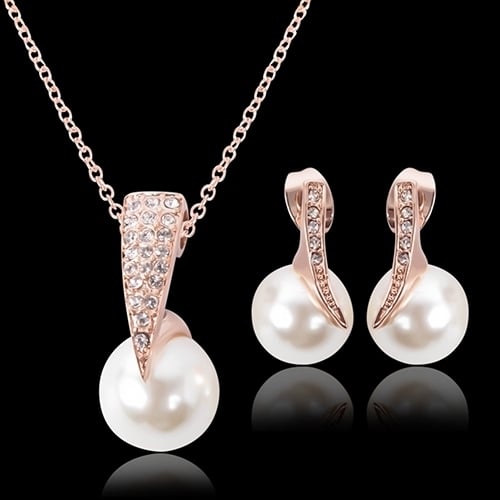 Women Luxury Shiny Rhinestone Faux Pearl Pendant Necklace Stud Earrings Jewelry Set Image 2