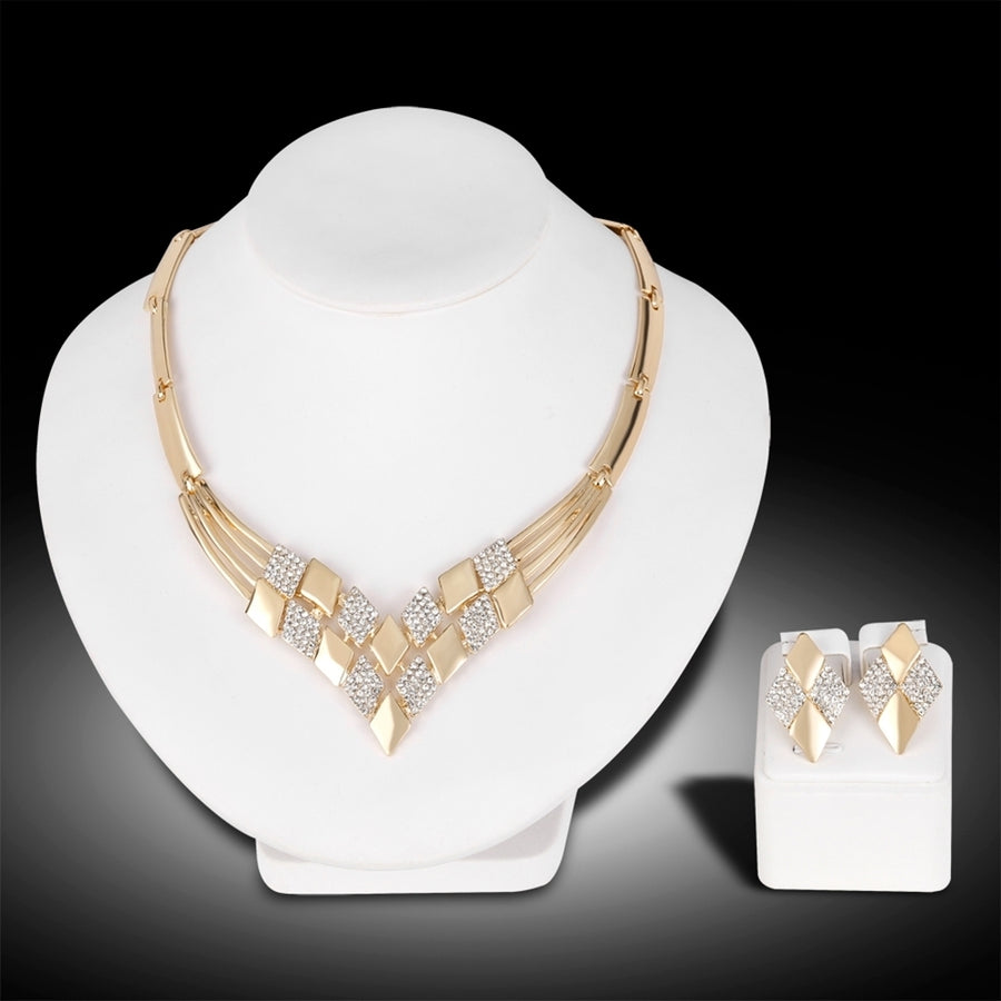 Women KC Gold Plated Rhombus Shape Necklace Earrings Rhinestones Jewelry Set Image 1
