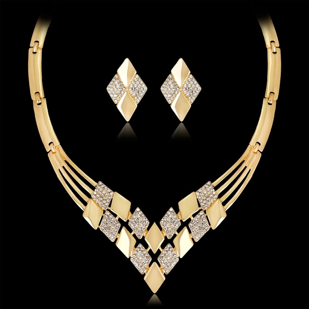 Women KC Gold Plated Rhombus Shape Necklace Earrings Rhinestones Jewelry Set Image 2