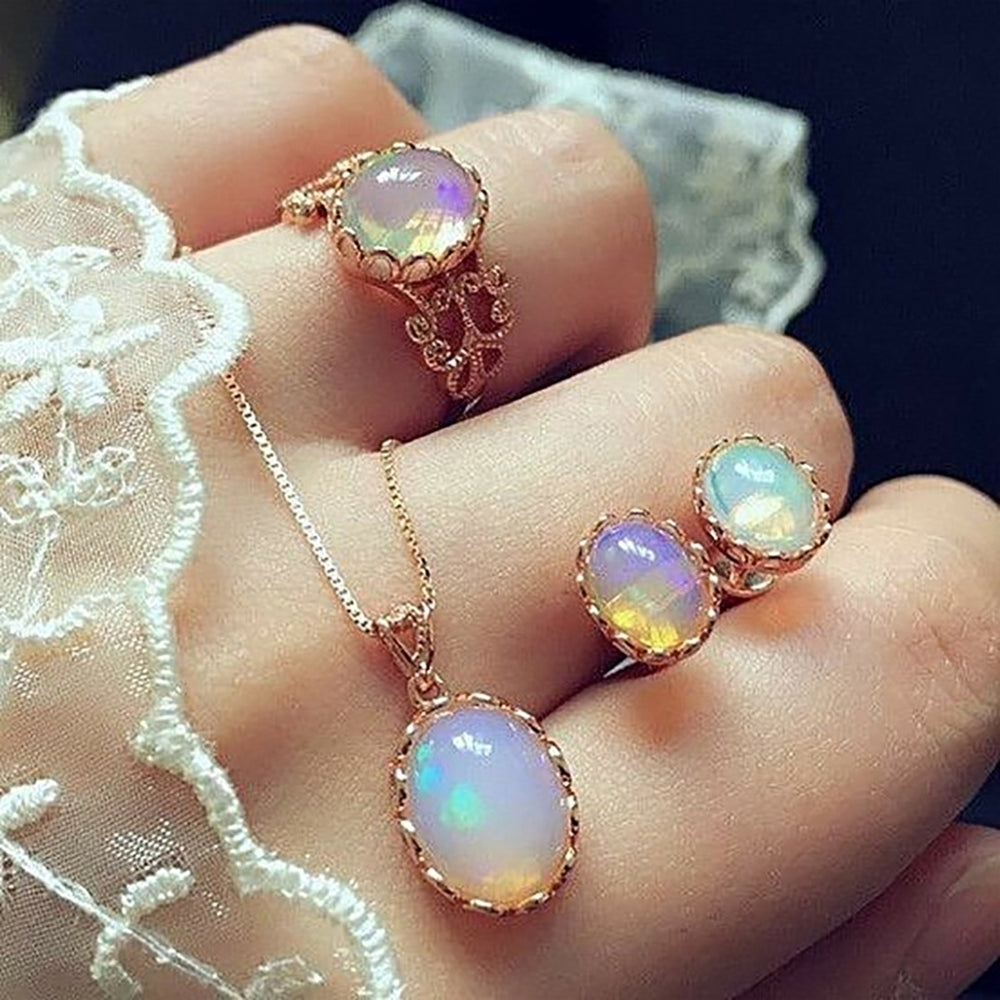 3Pcs Shiny Oval Faux Gemstone Charm Necklace Earrings Ring Women Jewelry Image 2