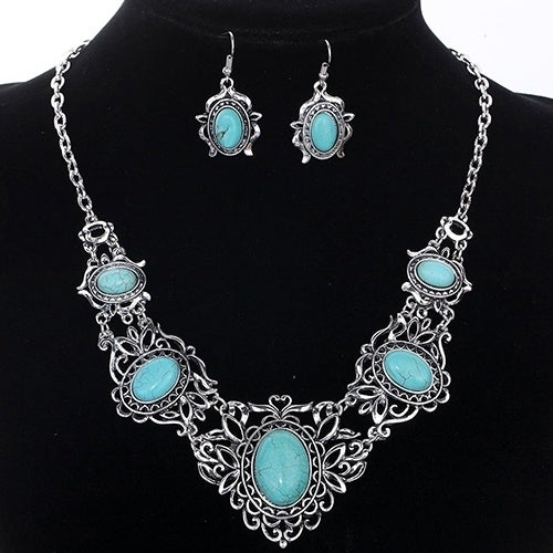 Women's Hollow Tibetan Oval Turquoise Bib Collar Necklace Earrings Jewelry Set Image 1
