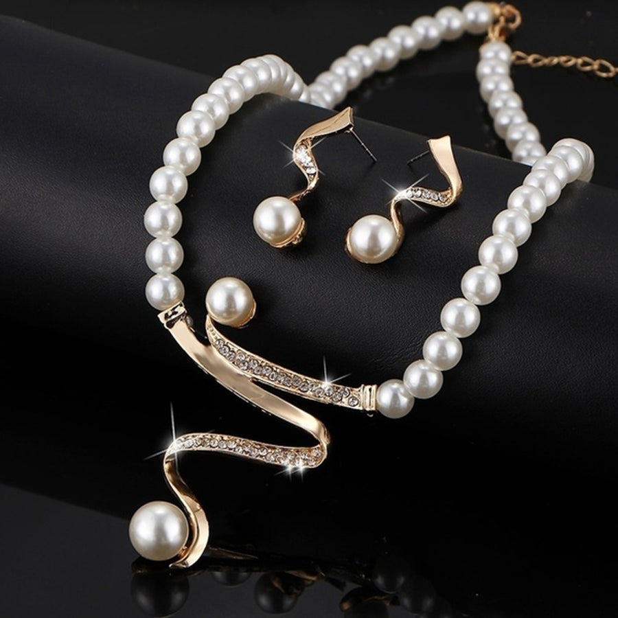 Rhinestone Faux Pearl Beaded Necklace Stud Earrings Bridal Wedding Jewelry Set Image 1
