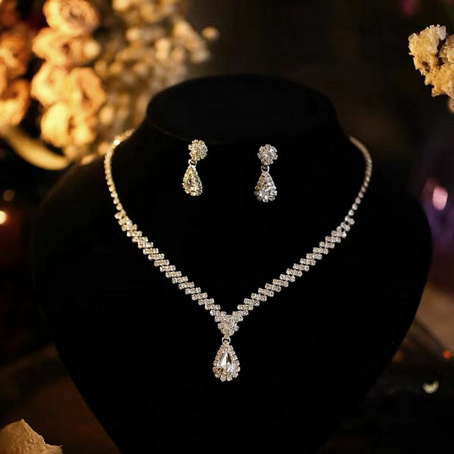 1 Set Bridal Necklace Earrings Water Drop-shaped Rhinestone Jewelry Korean Style Sparkling Jewelry Set for Wedding Image 1