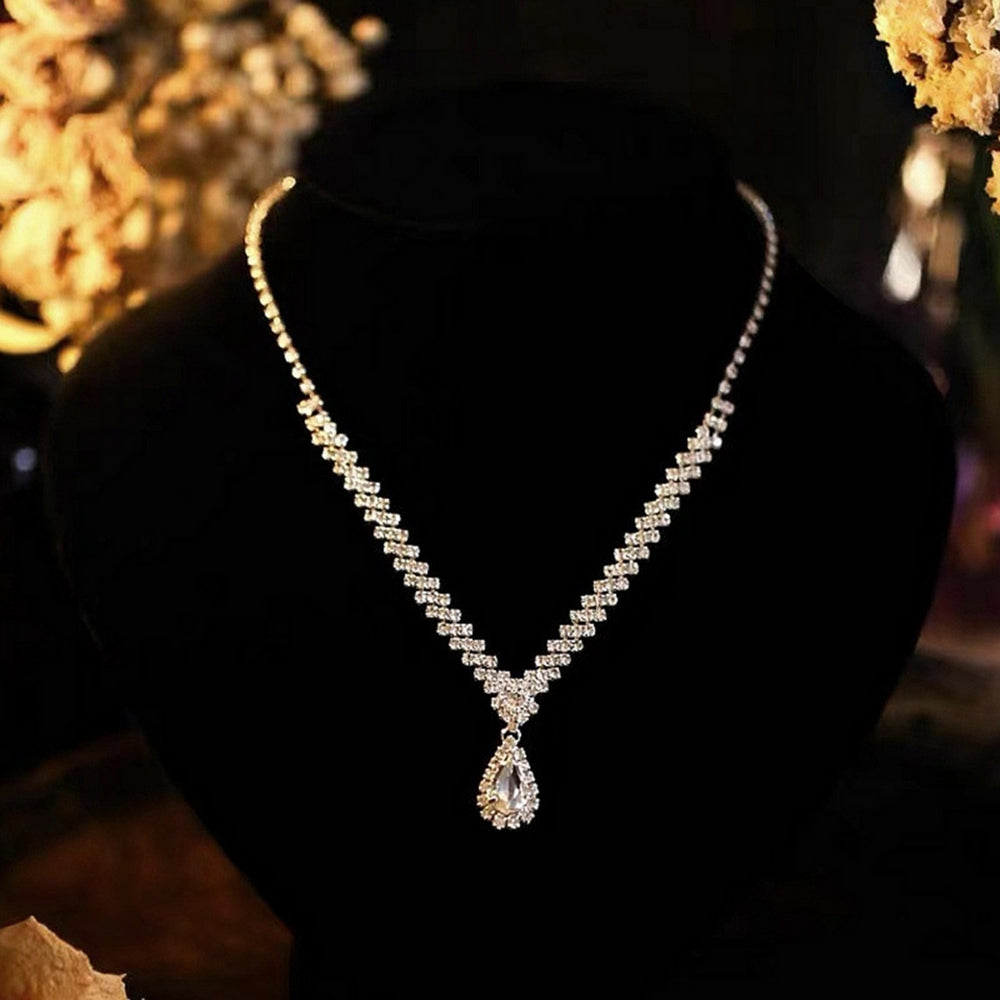 1 Set Bridal Necklace Earrings Water Drop-shaped Rhinestone Jewelry Korean Style Sparkling Jewelry Set for Wedding Image 2