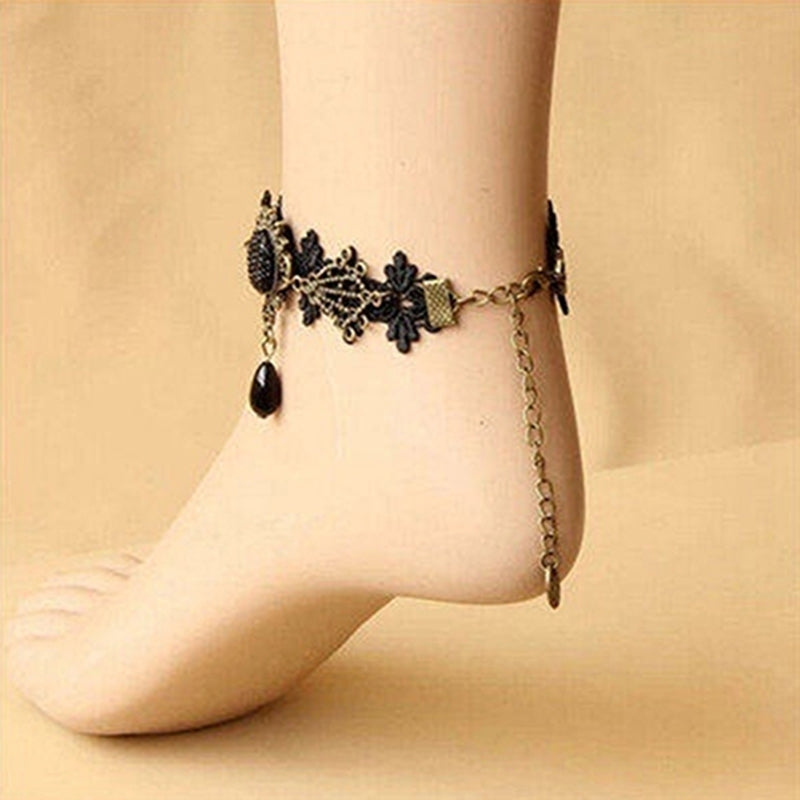 Women Vintage Black Floral Lace Anklet Chain Ankle Sandal Bracelet Foot Barefoot Image 2