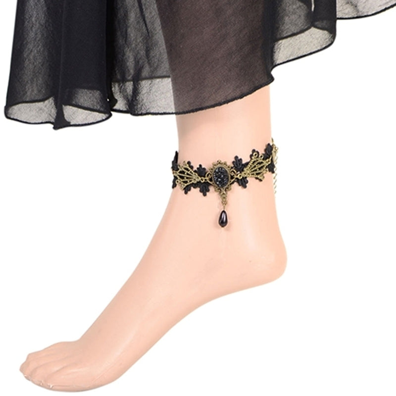 Women Vintage Black Floral Lace Anklet Chain Ankle Sandal Bracelet Foot Barefoot Image 3