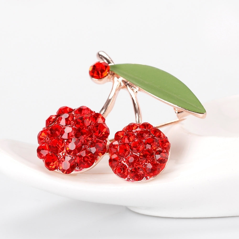 Women's Gorgeous Cute Red Rhinestone Cherry Leaf Fruit Brooch Pin Accessory Image 2