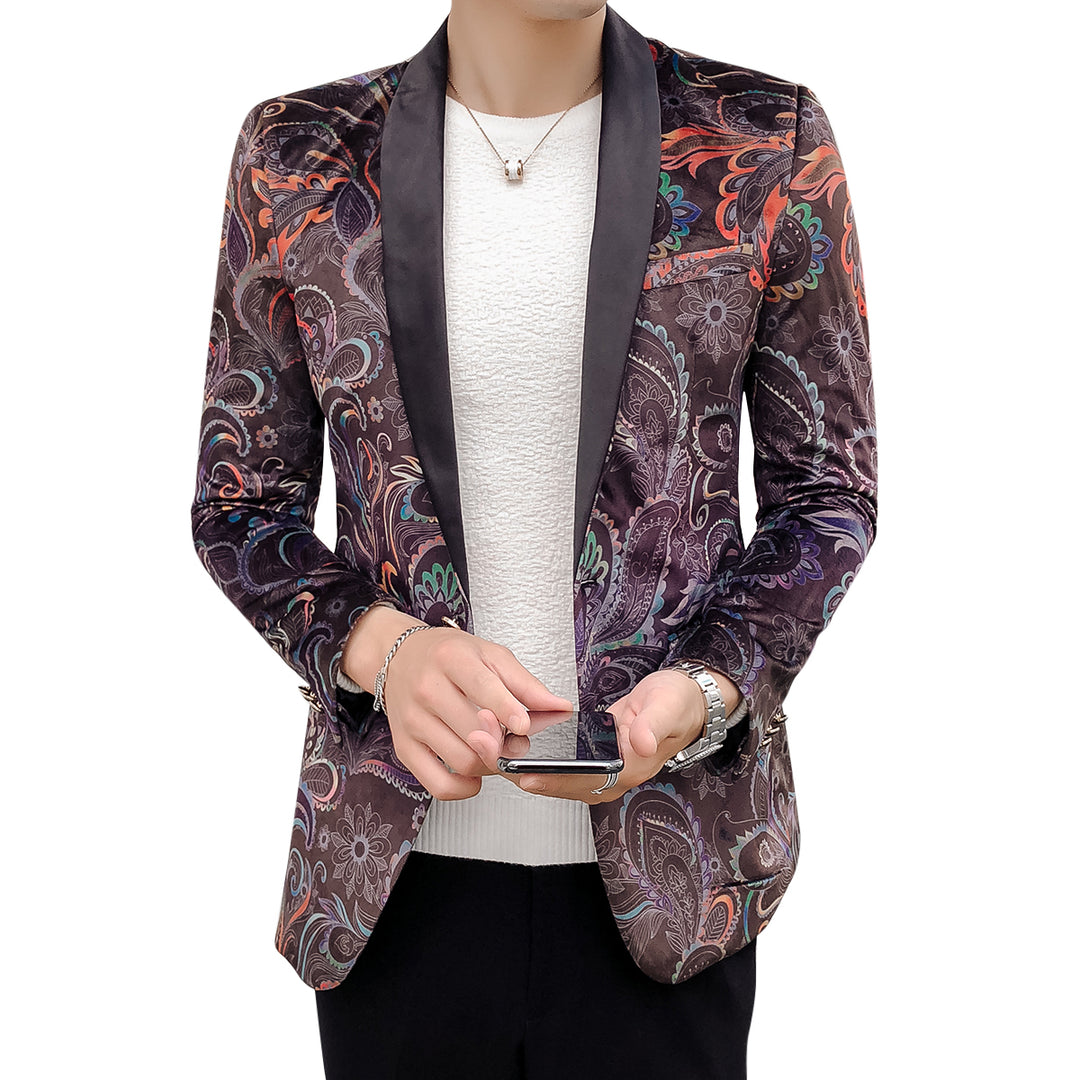 Men Blazer Fashion Printing One Button Back Slit Slim Fit Party Blazer Jacket Image 1