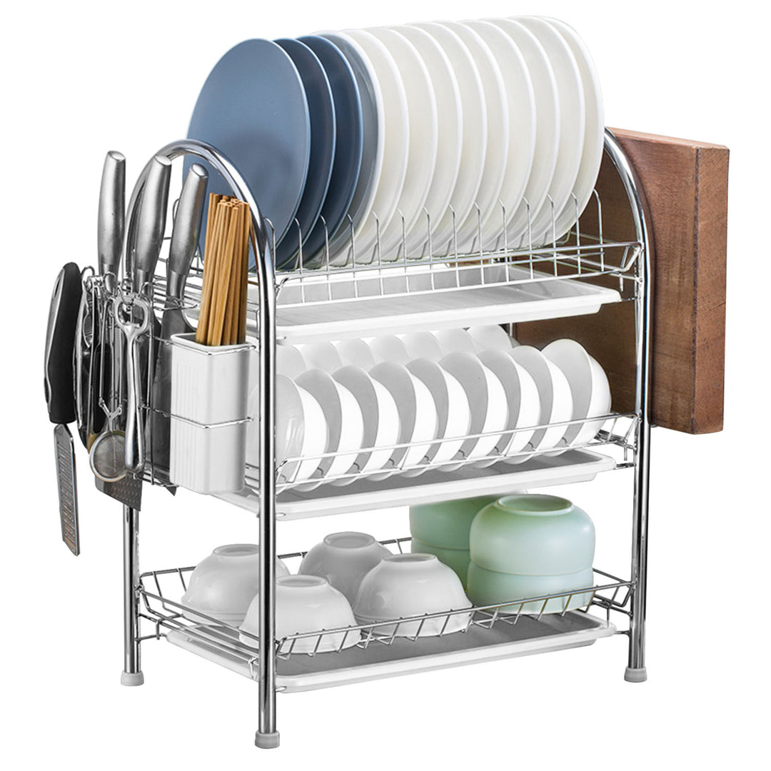 3-Tier Dish Drying Rack High-Carbon Steel with Drain Trays Utensil Holder White Silver Image 1