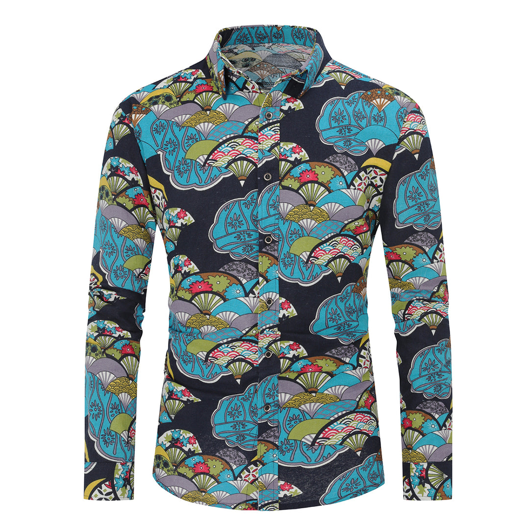 Men Shirt Casual Spring Summer Plus Size Linen Printing Slim Fit Long Sleeve Shirts Image 2