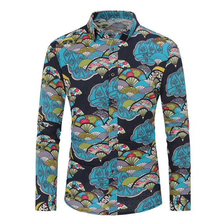 Men Shirt Casual Spring Summer Plus Size Linen Printing Slim Fit Long Sleeve Shirts Image 1