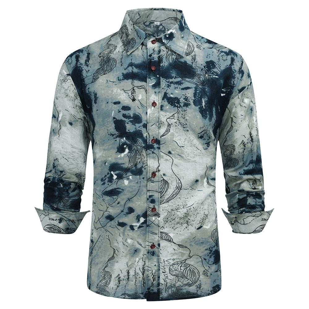 Men Shirt Casual Spring Summer Plus Size Linen Printing Slim Fit Long Sleeve Shirts Image 1