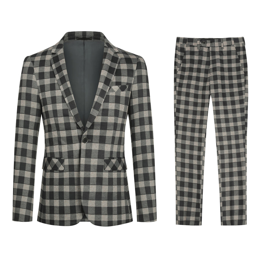 2 Pieces Men Suit Plaid Casual Autumn Slim Fit Wedding Party Suit Retro Khaki One Button Blazer and Pants Image 1