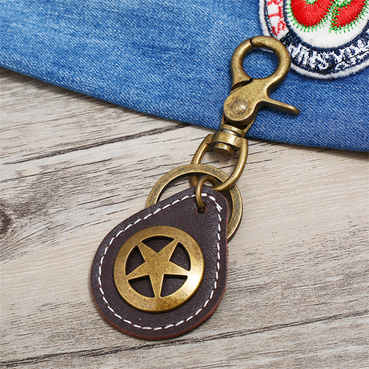 Texas Lone Star Keychain Law Enforcement Badge Key Chain State Police Bronze Lonestar State Keyring Brown Leather Texas Image 2