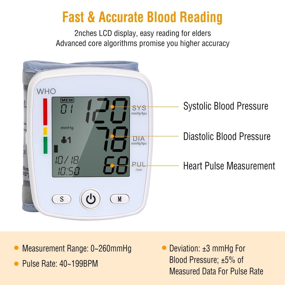 Blood Pressure Monitor Wrist Digital High Blood Pressure Cuff Heartbeat Tester 90x2 Reading Memory 2In LCD Screen Image 2