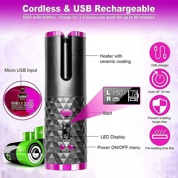 Cordless Automatic Hair Curler Portable Wireless Curling Iron Wand With Lcd Display Image 3