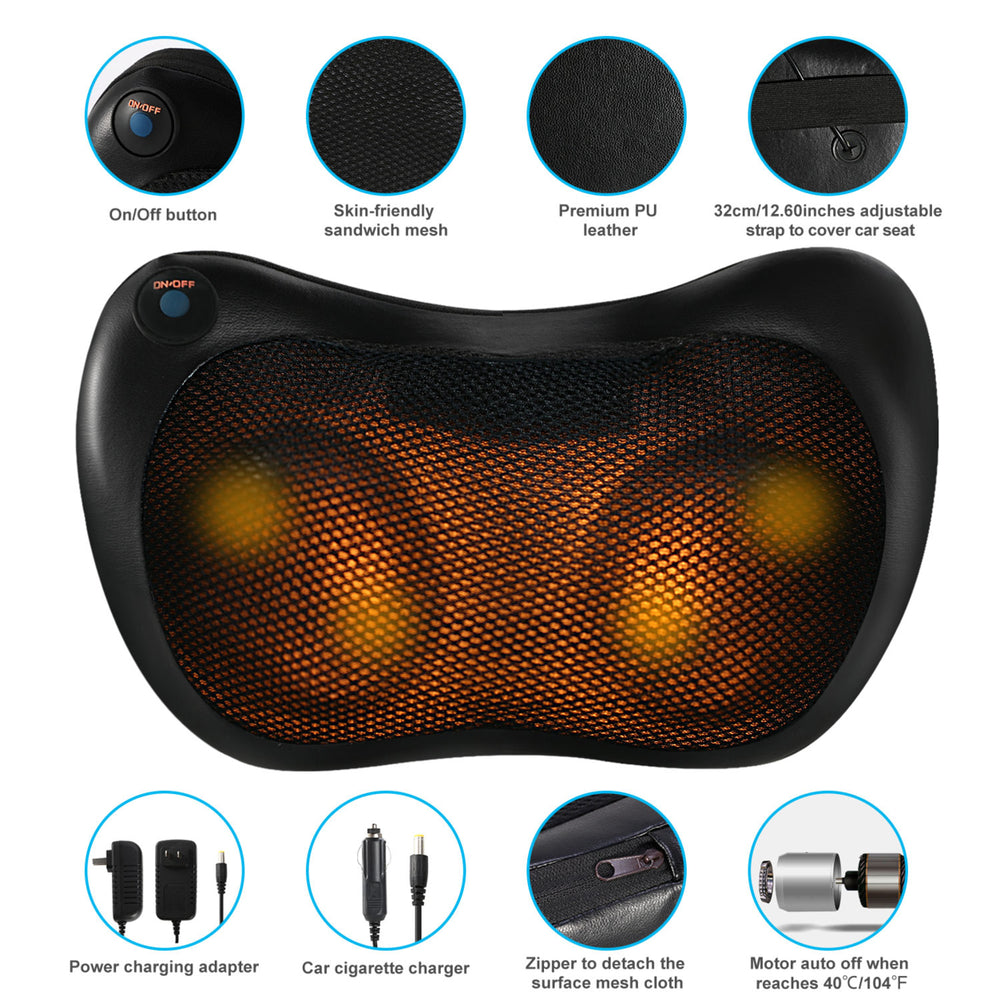 Back Neck Massage Pillow Kneading Massager with Infrared Heating Black 30x16cm Image 2