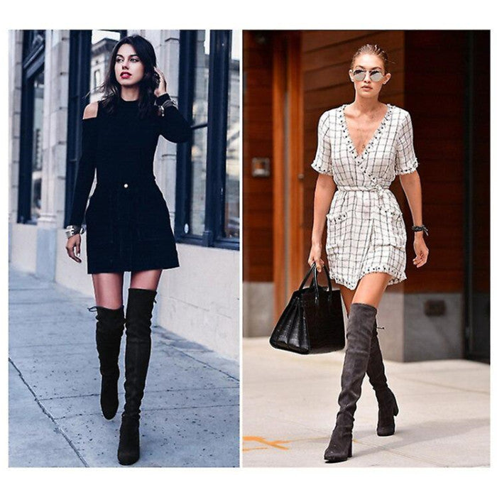 Women Knee Boots Pointed Toe High Heels Boots Winter Sexy Slim Suede Zipper Shoes Image 2