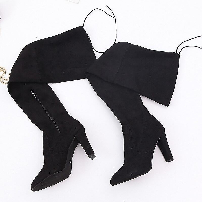 Women Knee Boots Pointed Toe High Heels Boots Winter Sexy Slim Suede Zipper Shoes Image 3