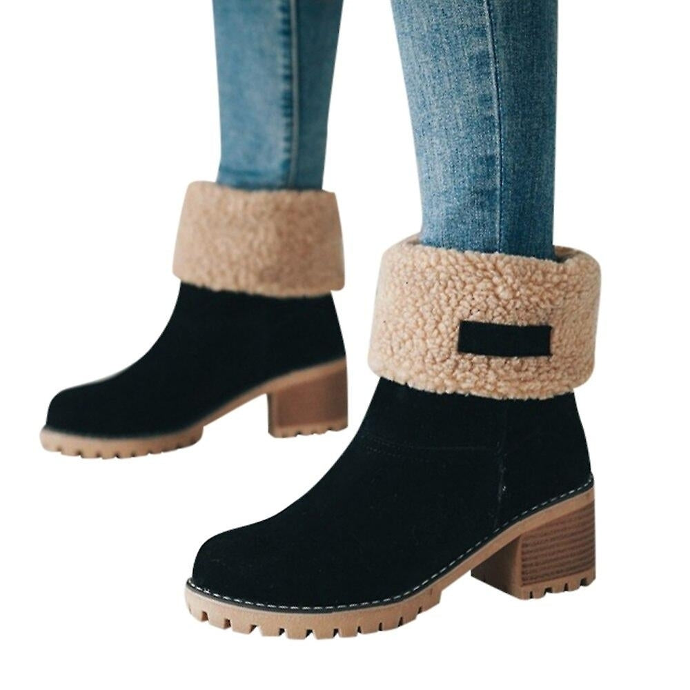 Women Winter Boots Short Snow Flock Warm Bootie Shoes Slip On Short Ankle Chunky Heel Boots Image 2