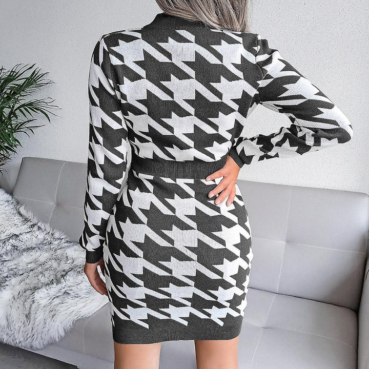 Houndstooth Print Sweater Dress V Neck Long Sleeve Knitted Bodycon Dress For Women Image 3