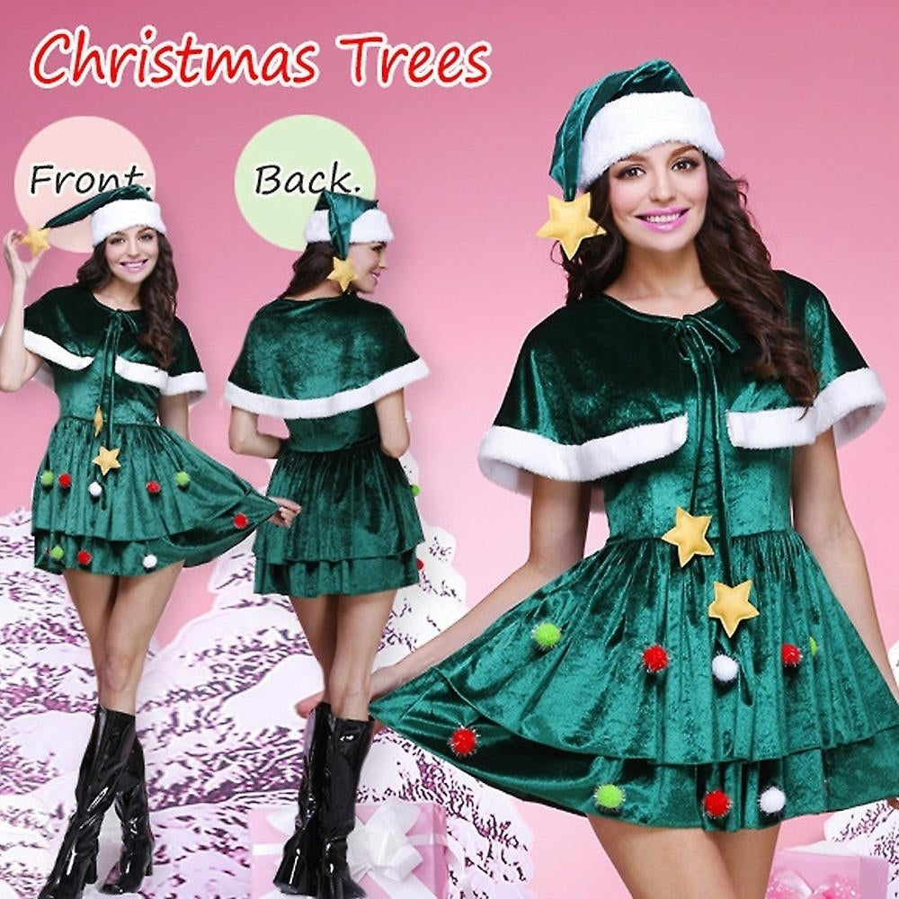 Women Christmas Dress Xmas Elf Costume Set Holiday Outfit With Santa Hat Shawl Image 2