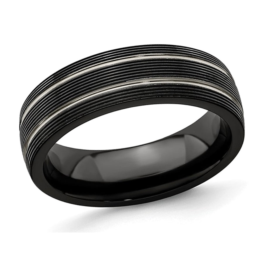 Mens Black Titanium Textured Groove Band Ring (7mm) Image 1