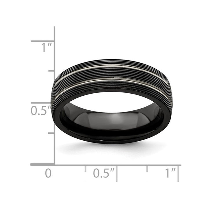 Mens Black Titanium Textured Groove Band Ring (7mm) Image 4