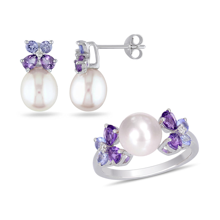Cultured Freshwater Pearl (8mm) , Tanzanite And Amethyst Earrings and Ring Set in Sterling Silver Image 1