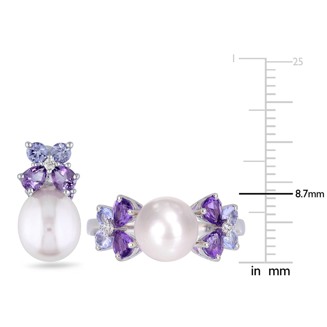 Cultured Freshwater Pearl (8mm) , Tanzanite And Amethyst Earrings and Ring Set in Sterling Silver Image 2