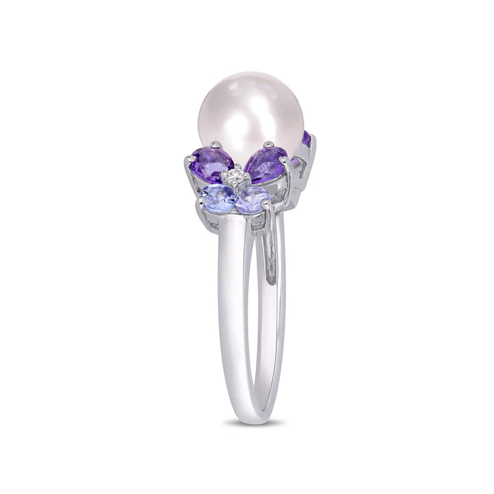 Cultured Freshwater Pearl (8mm) , Tanzanite And Amethyst Earrings and Ring Set in Sterling Silver Image 3