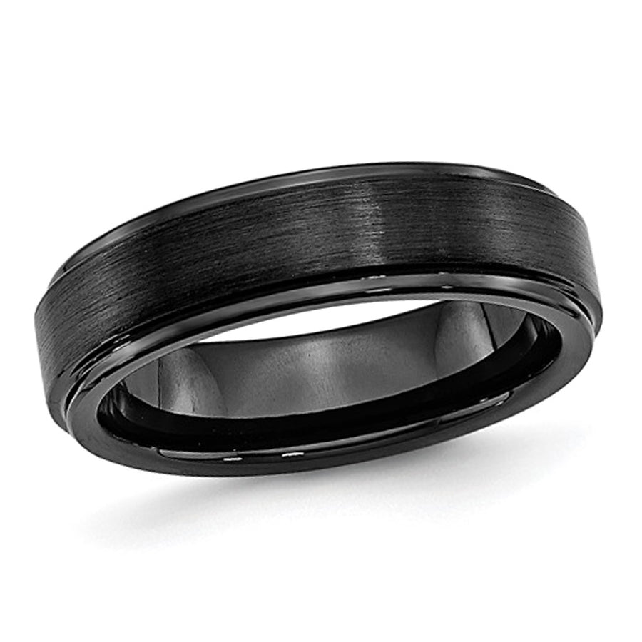 Mens Black Ceramic 6mm Ridged Edge Wedding Band Ring Image 1