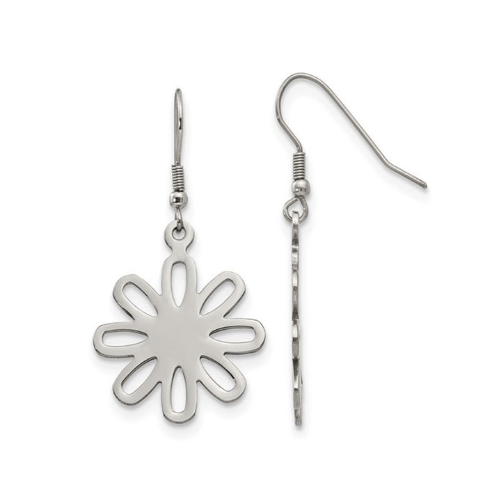 Stainless Steel Large Polished Flower Dangle Earrings Image 1