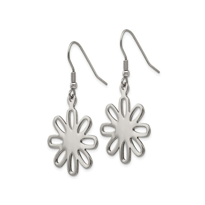 Stainless Steel Large Polished Flower Dangle Earrings Image 2