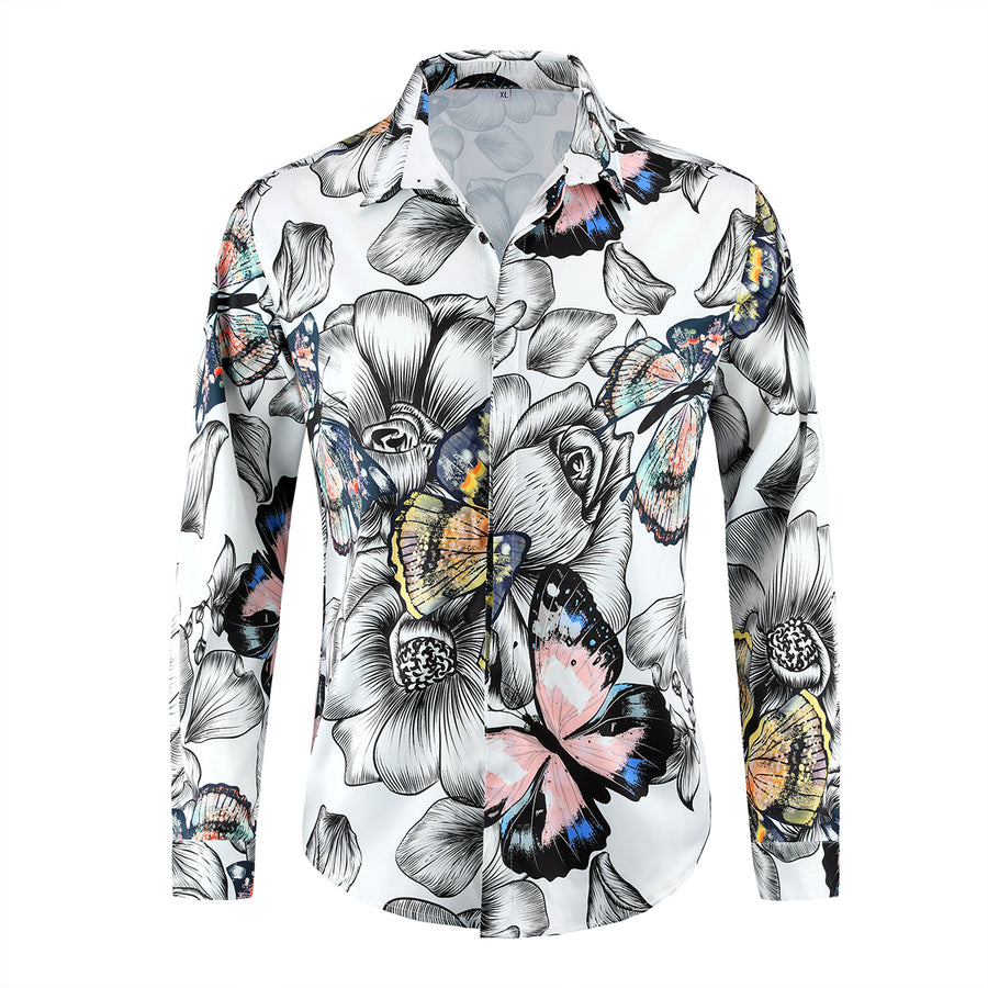 Men High Fashion Shirt Long Sleeve Spring Casual Butterfly Print Beach Wear Button Down Shirts Image 1