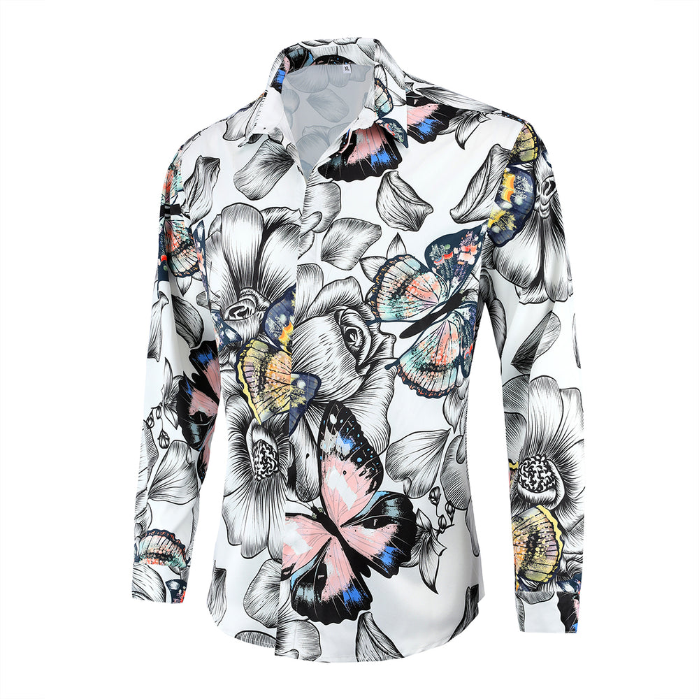 Men High Fashion Shirt Long Sleeve Spring Casual Butterfly Print Beach Wear Button Down Shirts Image 2