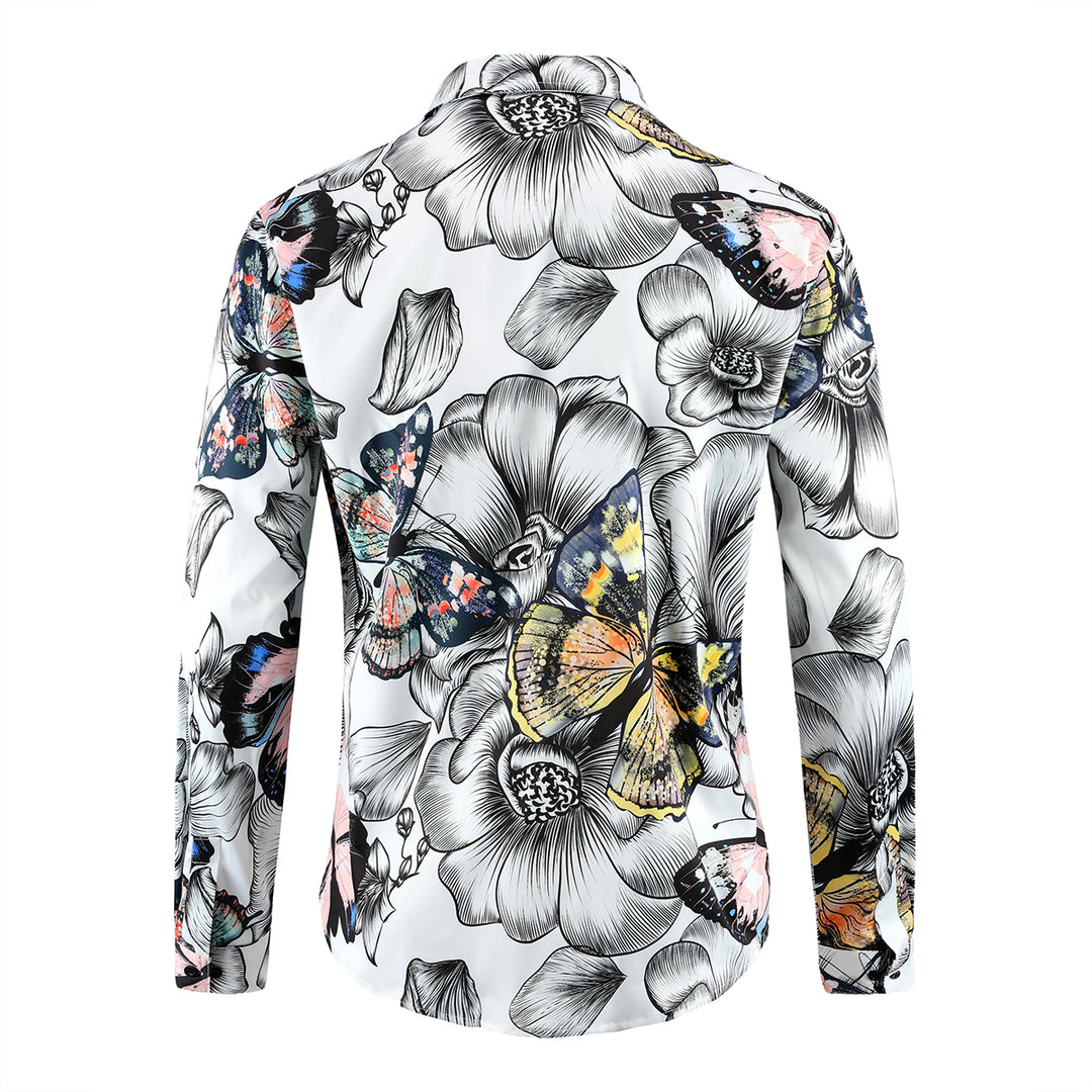 Men High Fashion Shirt Long Sleeve Spring Casual Butterfly Print Beach Wear Button Down Shirts Image 3