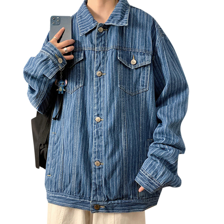 Retro Jacket Men Autumn Oversized Jacket Denim Casual Long Sleeve Striped Lapel Coat Streetwear Image 3