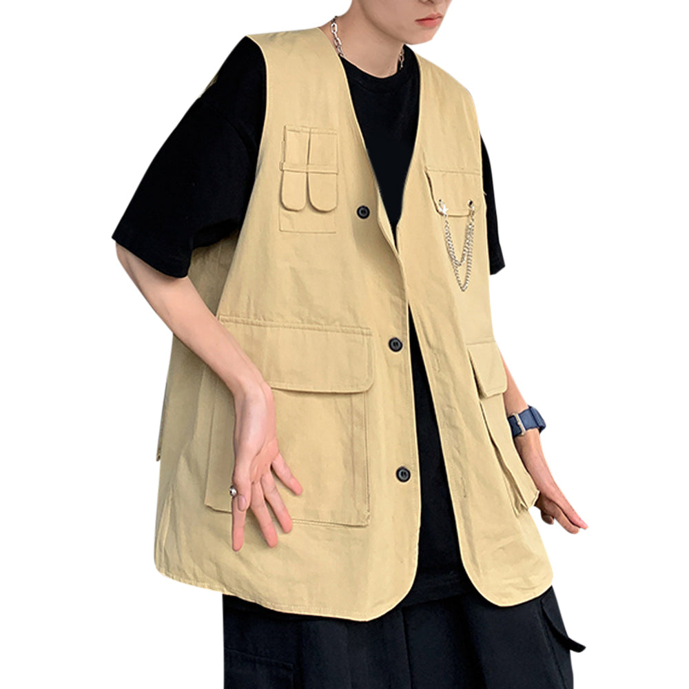 Men Vest Casual Summer Sleeveless Waistcoat Vest Fashion Solid Single Breasted Multi-pocket Tops Image 2