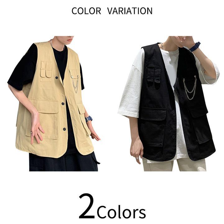 Men Vest Casual Summer Sleeveless Waistcoat Vest Fashion Solid Single Breasted Multi-pocket Tops Image 3